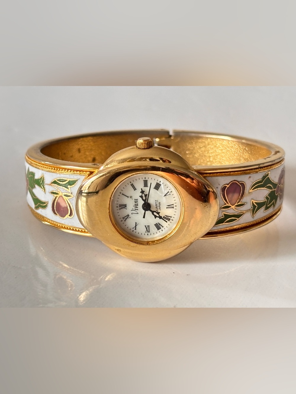 Vintage Vivani Cloisonne Enamel Bangle Watch Cuff Floral MOP Dial Quartz